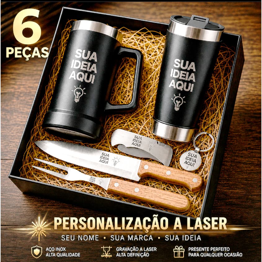 Kit Presente Dia dos Pais Personalizado | Caneca de Chopp + Kit Churrasco + Chaveiro e Canivete Gravado a Laser