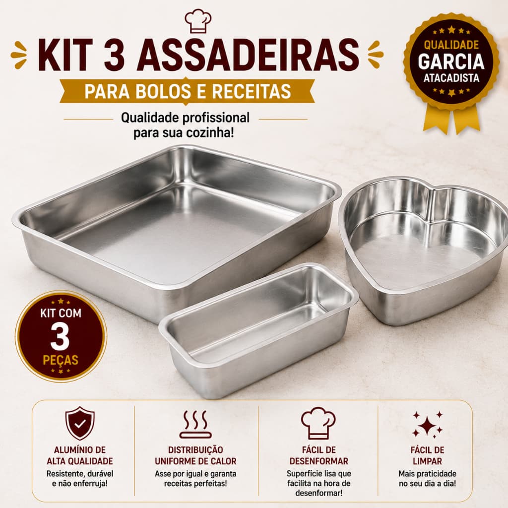 KIT COM 3 FORMAS ASSADEIRAS RETANGULAR PÃO OU BOLO E BOLO DECORADO CORAÇÃO EM ALUMÍNIO PROFISSIONAL