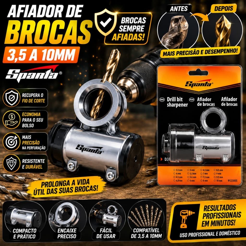Afiador de Brocas Sparta 3,5 a 10mm para Furadeira Amolador Profissional Recupera Fio de Corte Fácil de Usar