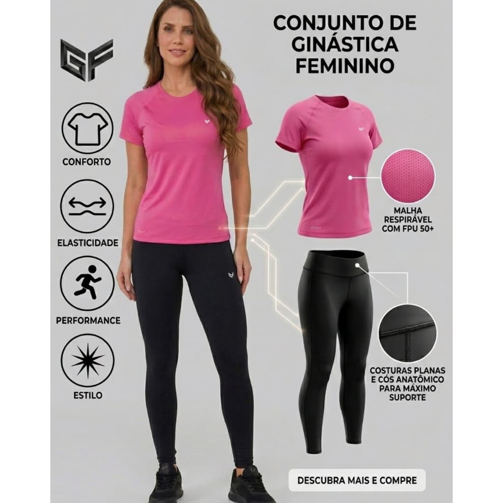 Conjunto Academia Feminino Completo – Camiseta Dry Fit + Calça Legging Zero Transparência