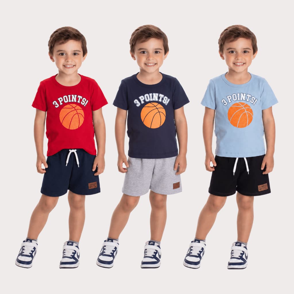 Conjunto Infantil Menino Camiseta Meia Malha e Bermuda Moletinho Basquete
