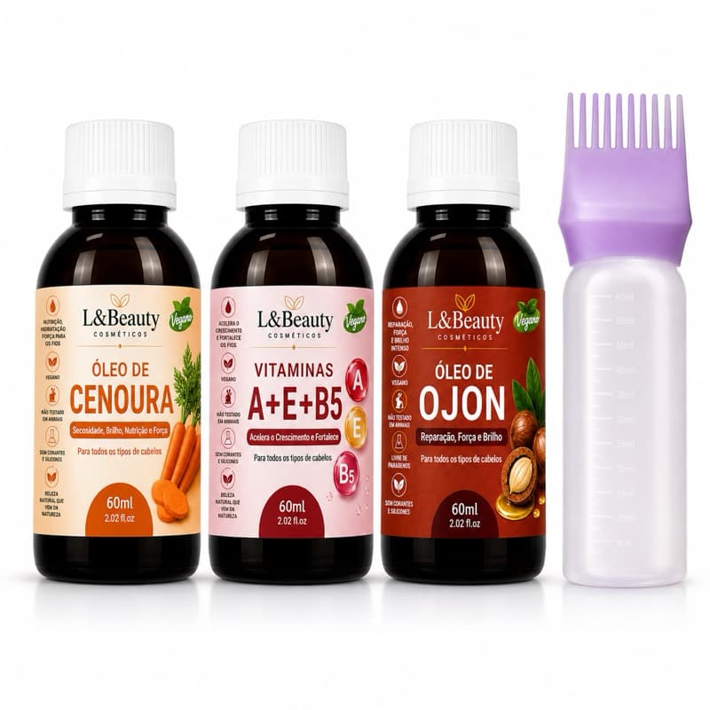 Kit Óleos Capilares L&Beauty Cenoura + Ojon + Vitaminas A+E+B5 60ml + Aplicador Crescimento e Nutrição