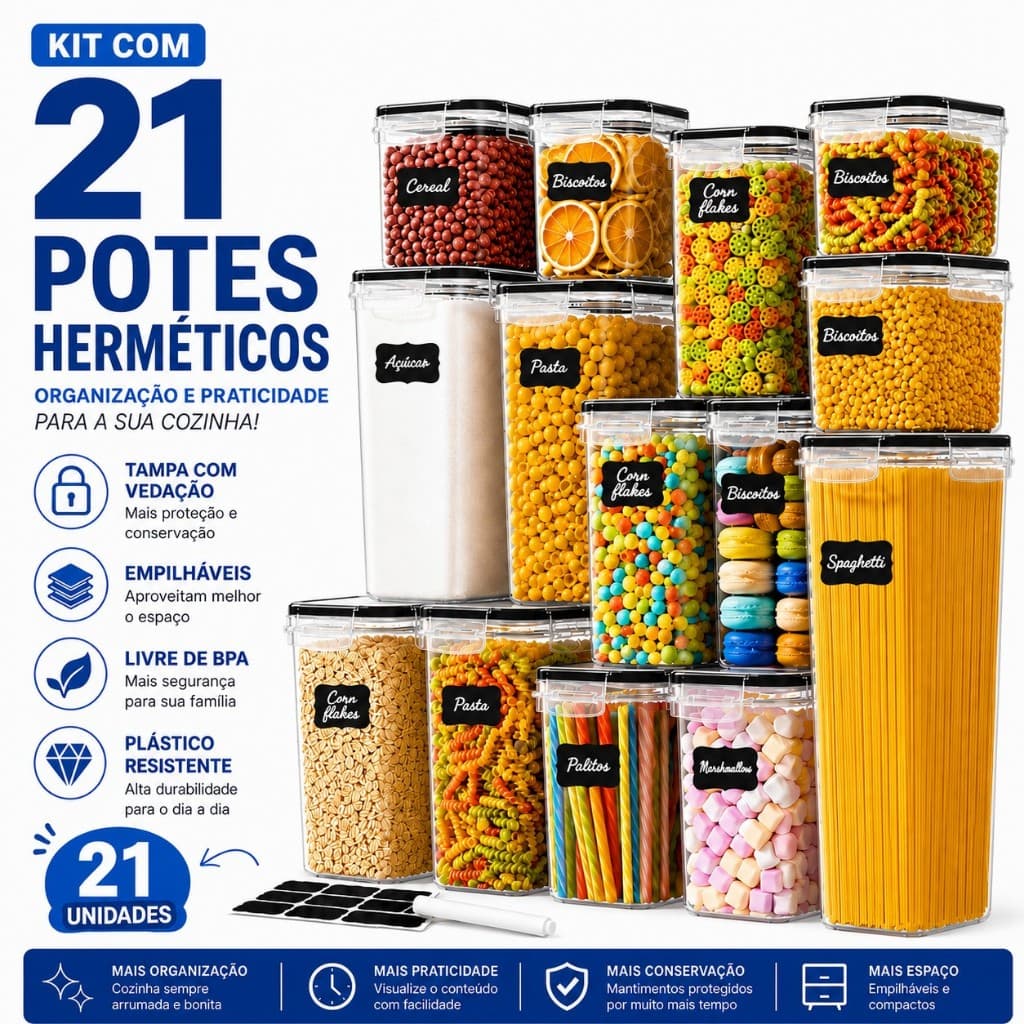 Kit 21 Potes Herméticos Empilháveis Organizador de Mantimentos Cozinha com Tampa Vedação