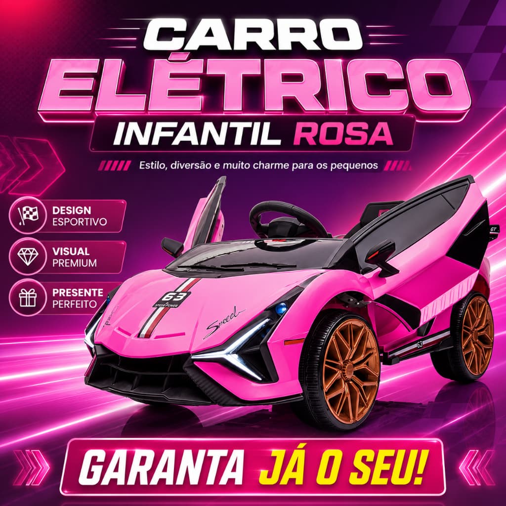 Carrinho Elétrico Infantil 12V Rosa com Controle Remoto, Sons e Design Esportivo