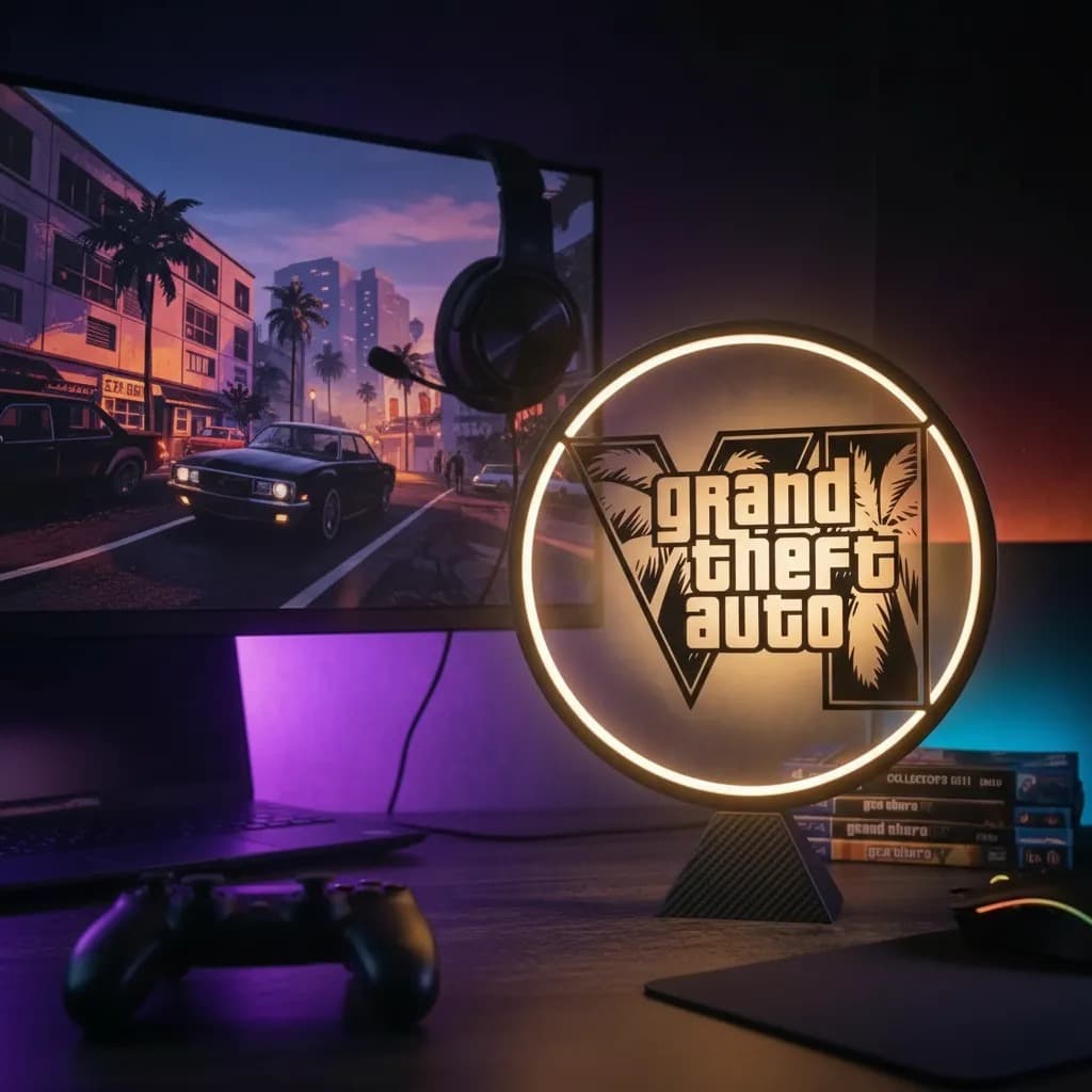 Luminária GTA 6 Grand Theft Auto Abajur Gamer Setup Quarto Abajur LED | Presente Geek Nerd 3D Modelo Exclusivo Vice City