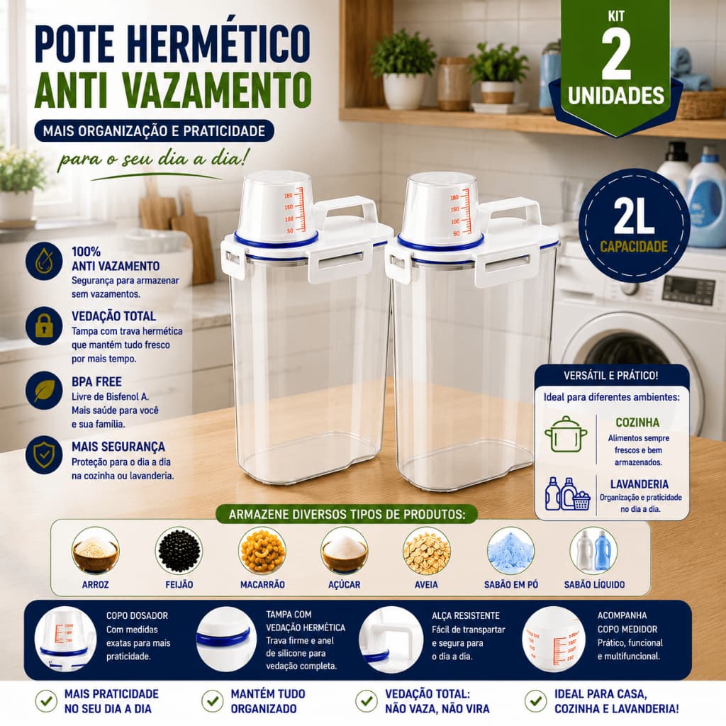 - Kit 2 Potes Hermético 2L com Copo Medidor 180ml Bico Dosador Multiuso Cozinha Lavanderia e Ração Pet