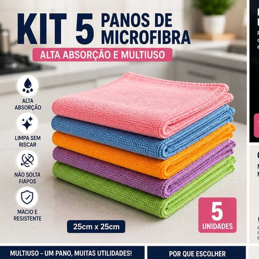Kit 5 Panos De Microfibra 25x25cm Multiuso Limpeza Alta Absorção Não Risca Superfícies