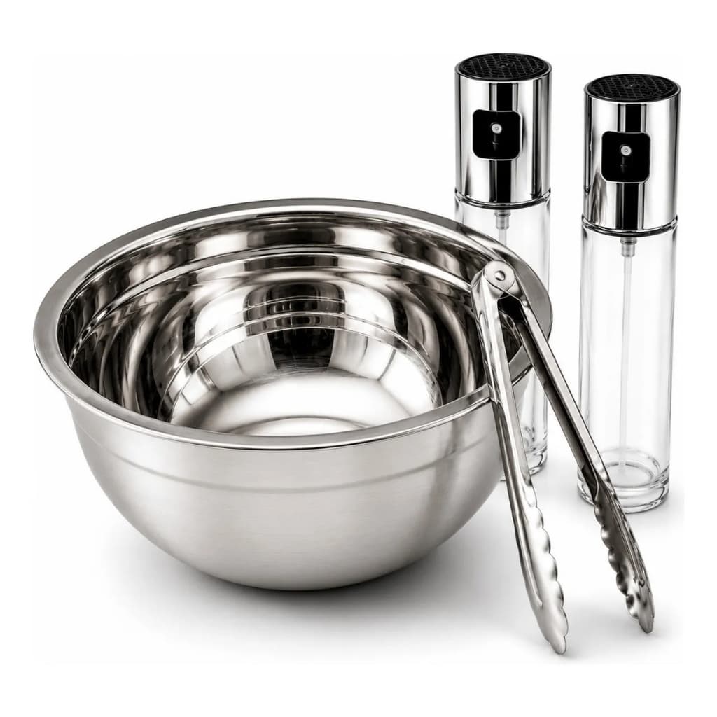 Kit Saladeira Inox 2L Completo com Pegador e 2 Sprays para Azeite, Vinagre e Molhos