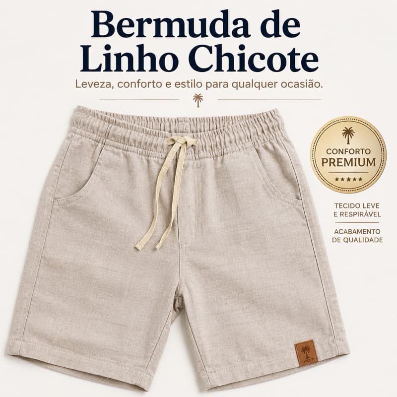 Bermuda Juvenil Masculina de Linho Chicote Casual Premium Leve Confortável Tamanho 10 ao 16