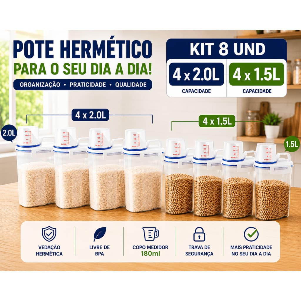 - Kit 8 Potes 4 Unidades 2L e 4 Unidades 1,5LMultiuso Herméticos Mantimentos Cozinha Lavanderia e Pet