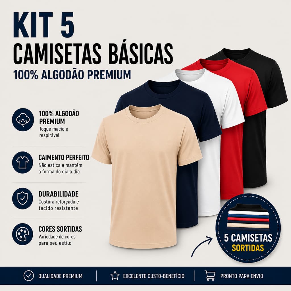 Kit 5 Camisetas Unissex Lisas Básicas Casual 100% Algodão Masculino Feminino