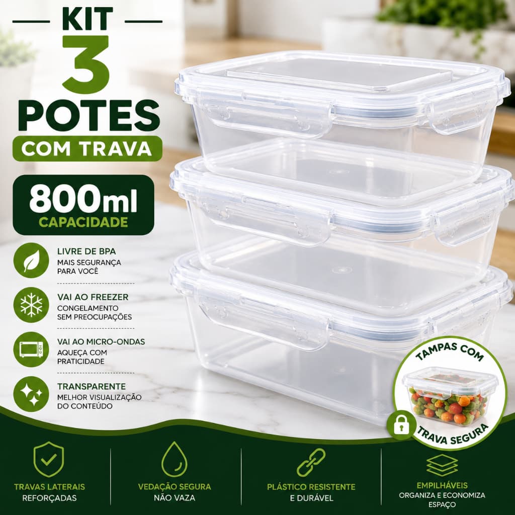 Kit Marmitas 800ml com Trava Jogo de Potes Herméticos Laváveis Organizador de Congelador Fitness