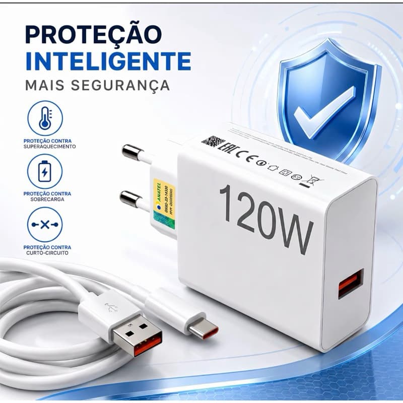 Carregador Turbo 120w Fonte USB + Cabo tipo C Android