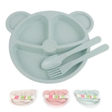 Kit Prato Infantil Ursinho Divisórias Com Garfo E Colher Sem Bpa - Cores Verde, Rosa ou Bege