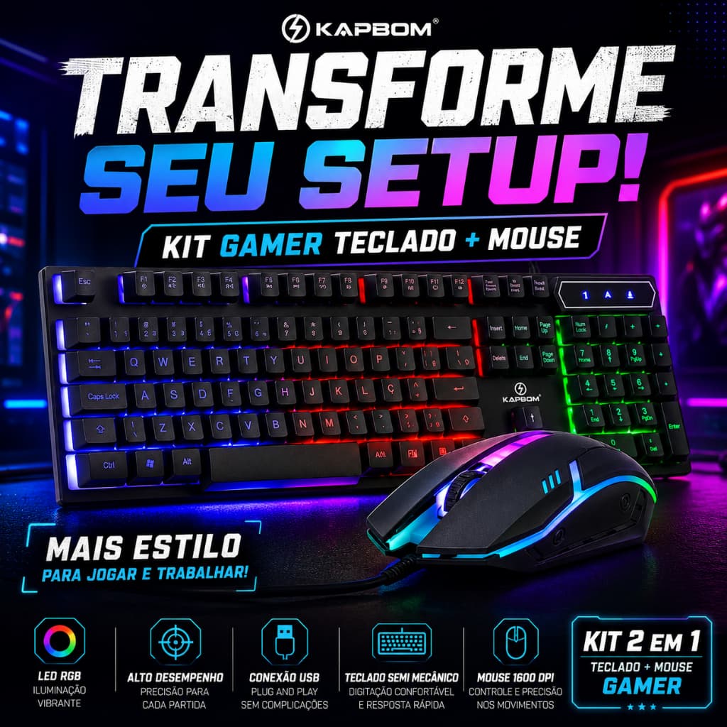 Teclado e Mouse Gamer Semi Mecânico RGB LED USB 1600 DPI ABNT2 Kapbom