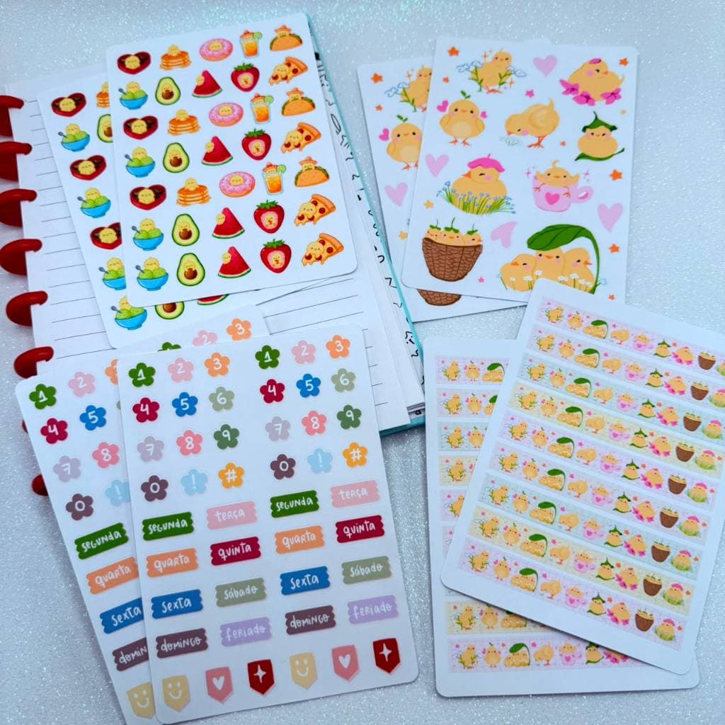Kit 8 Cartelas de Adesivos Para Planner/Bullet Journal Pintinho Kawaii Semana e Datas