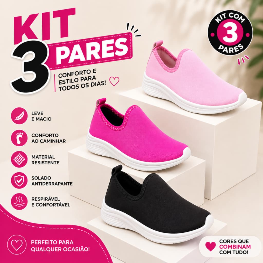 KIT 3 PARES TÊNIS CALCE FÁCIL MENINA E  ESCOLAR CONFORTÁVEL BARATO