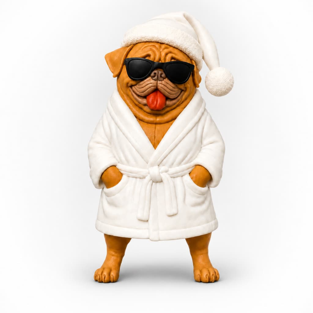Enfeite Decorativo Cachorro Pug de Roupão e Óculos | Decoração 3D para Estante
