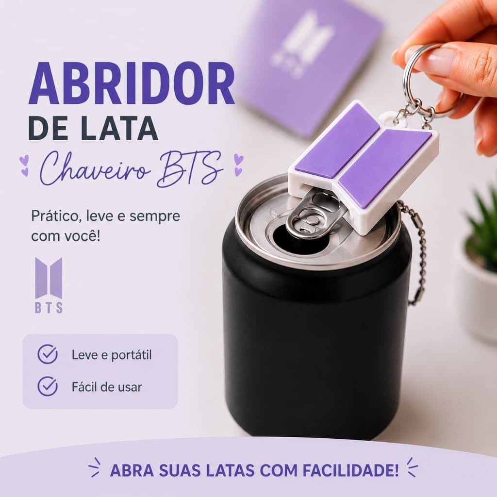 Chaveiro Abridor de Lata BTS | Portátil, Resistente e Prático | Kpop | Acessório para fans |