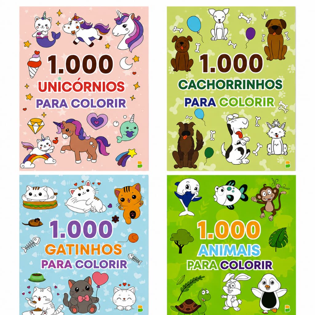 Livros 1000 desenhos para colorir | Animais | Gatinhos | Cachorrinhos | Unicórnios