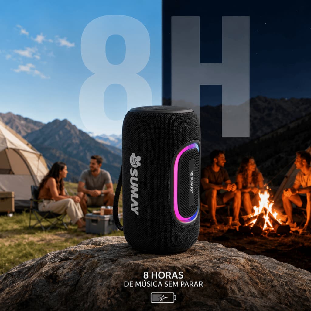 Caixa de Som Bluetooth Portátil Sumay Wolfbox Potente Resistente à Água Luz LED Pareamento TWS
