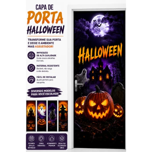 Capa de Porta Decoração de Halloween Casa Tecido Sublimado C/Elástico 0,85x2,10m