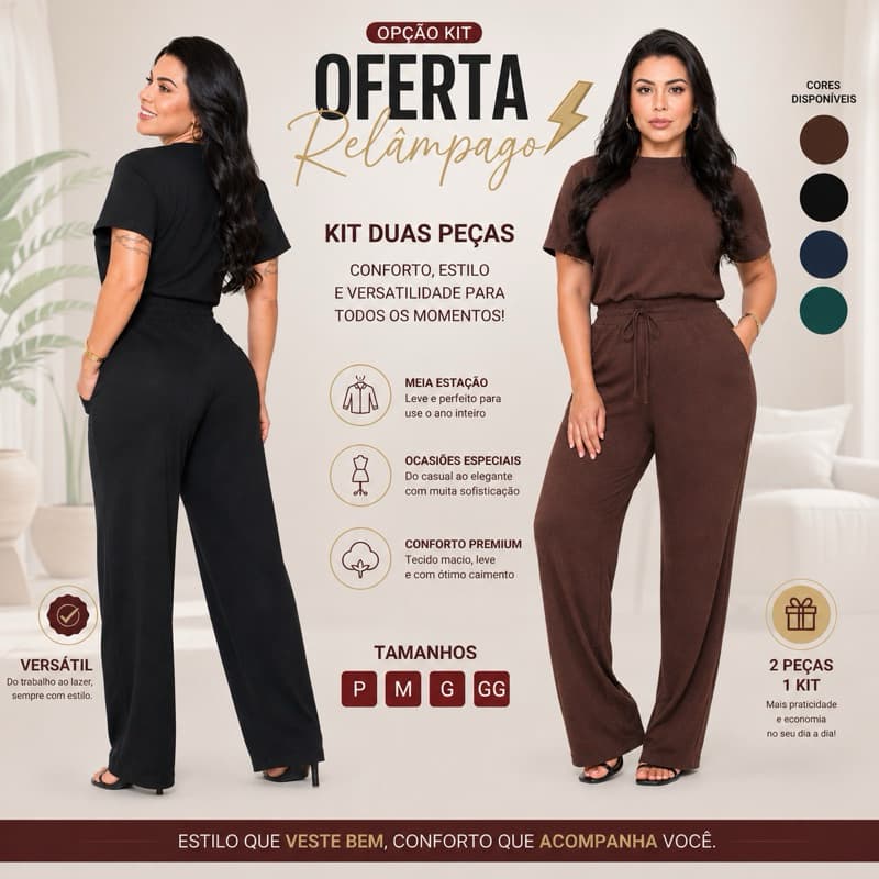 Conjunto Feminino Calça Com e Blusa Manga Curta Malha Lanzinha Tricot Confortável Meia Estação Elegante Versátil Casual