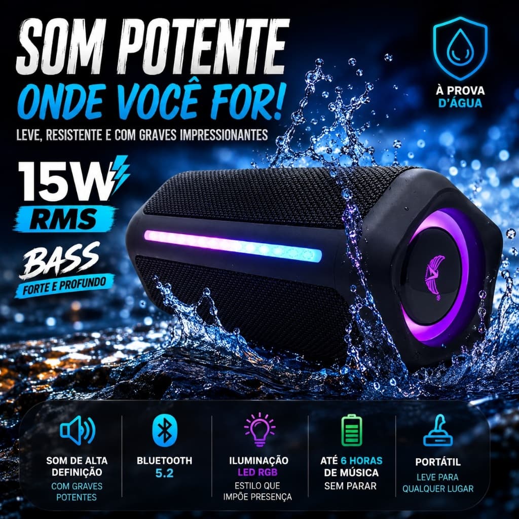 Caixa de Som Bluetooth 15W Portátil Resistente à Água com Grave Bass USB Cartão e P2