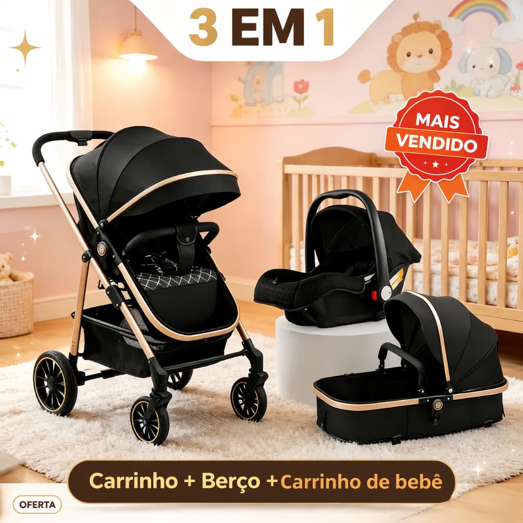 Conjunto Carrinho 3 em 1 para Bebê com Moisés e Assento Conforto