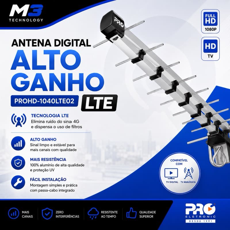 Antena Digital Externa Proeletronic LTE 20 Elementos Alto Ganho 14dBi HDTV Full HD 4K PROHD-1040LTE02