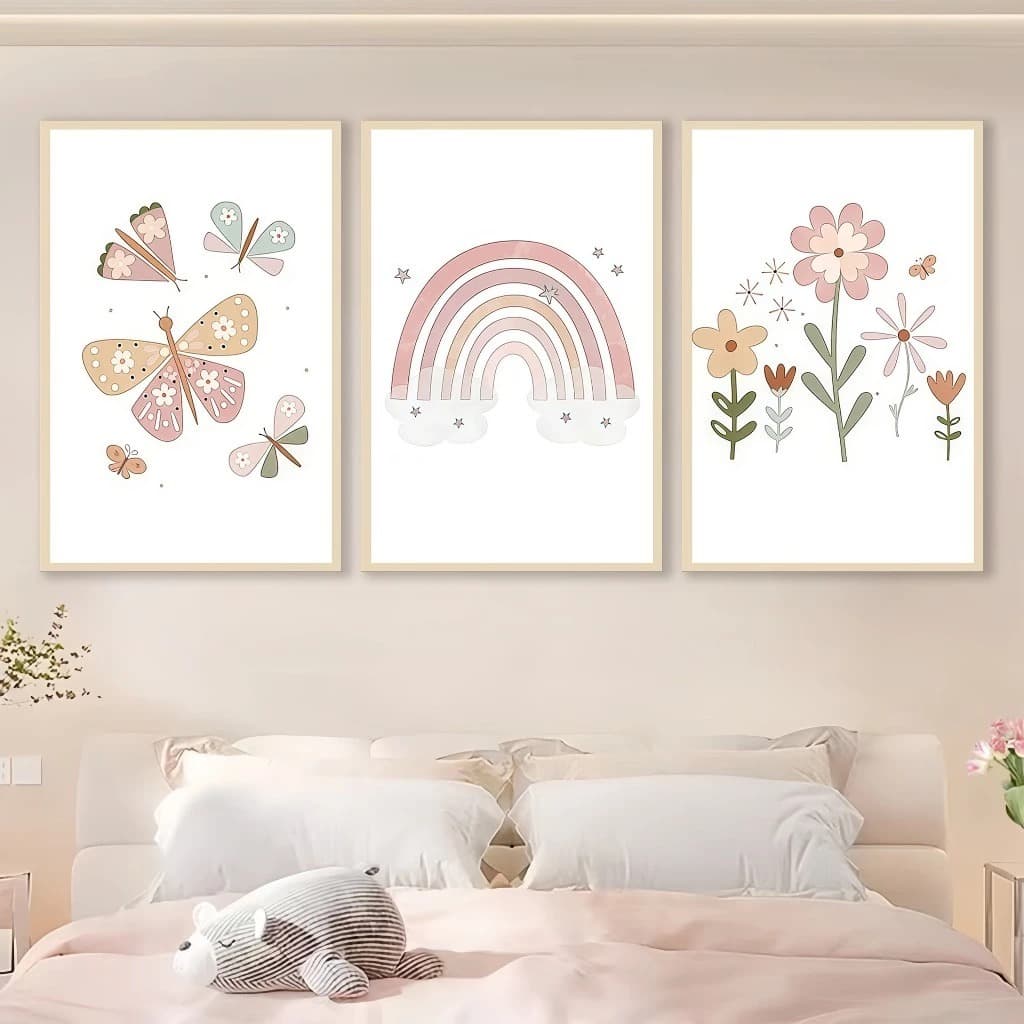 Kit 3 Quadros Quarto Menina Arco Íris Boho Decorativo Infantil MDF Premium