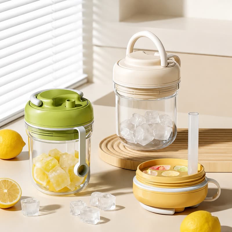Copo de Gelo 2 em 1 500ml com Forma de Gelo Integrada Tampa Vedada e Canudo Reutilizável Portátil