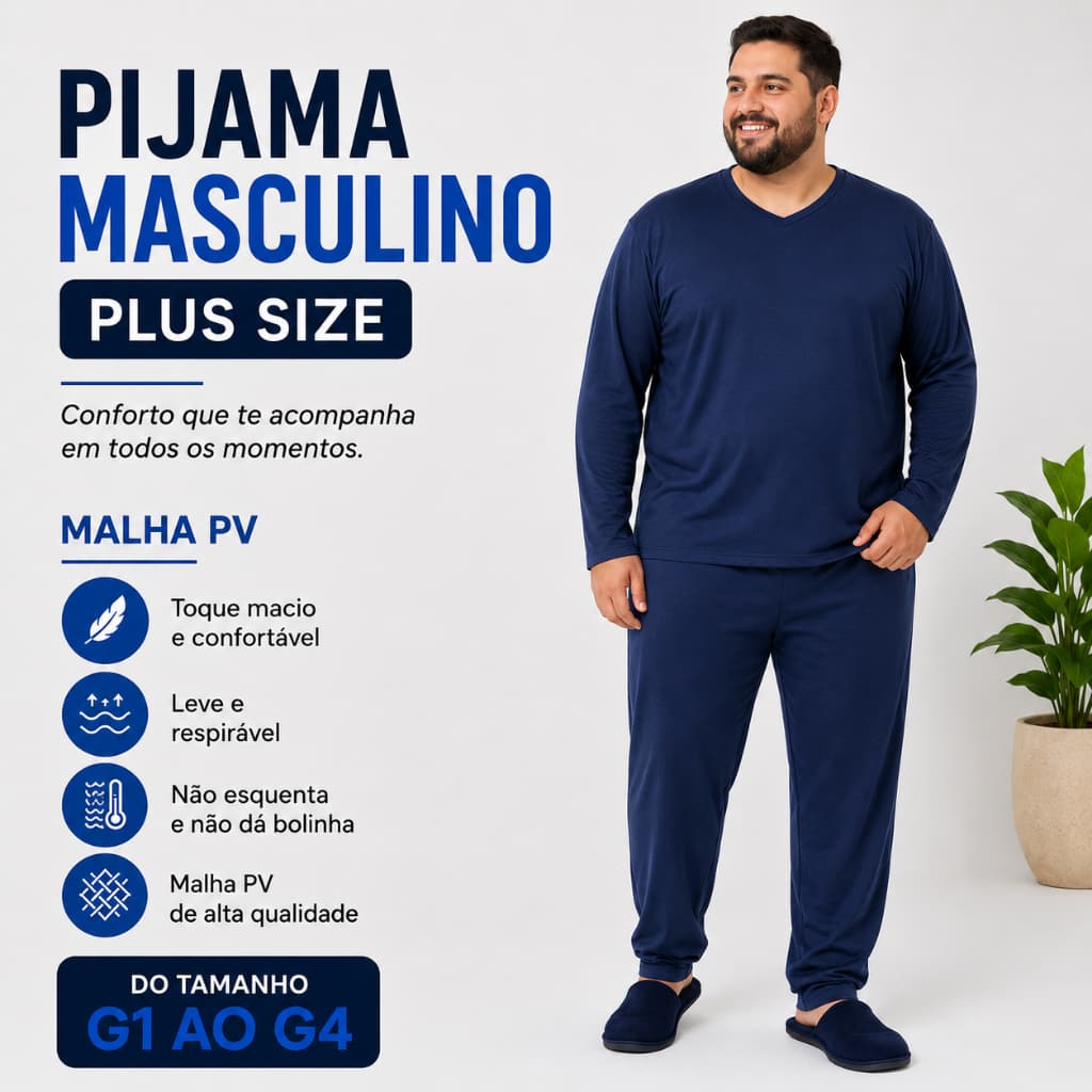 Pijama Masculino Plus Size Manga Longa Malha PV Inverno Calça e Blusa Confortável G1 G2 G3 G4