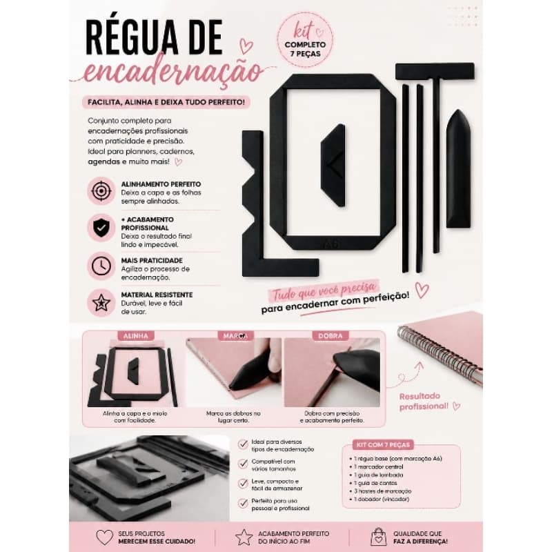 kit 7 Réguas de Encadernação/ Gabarito – Kit Completo 7 Peças | Alinhamento Preciso para Encadernação