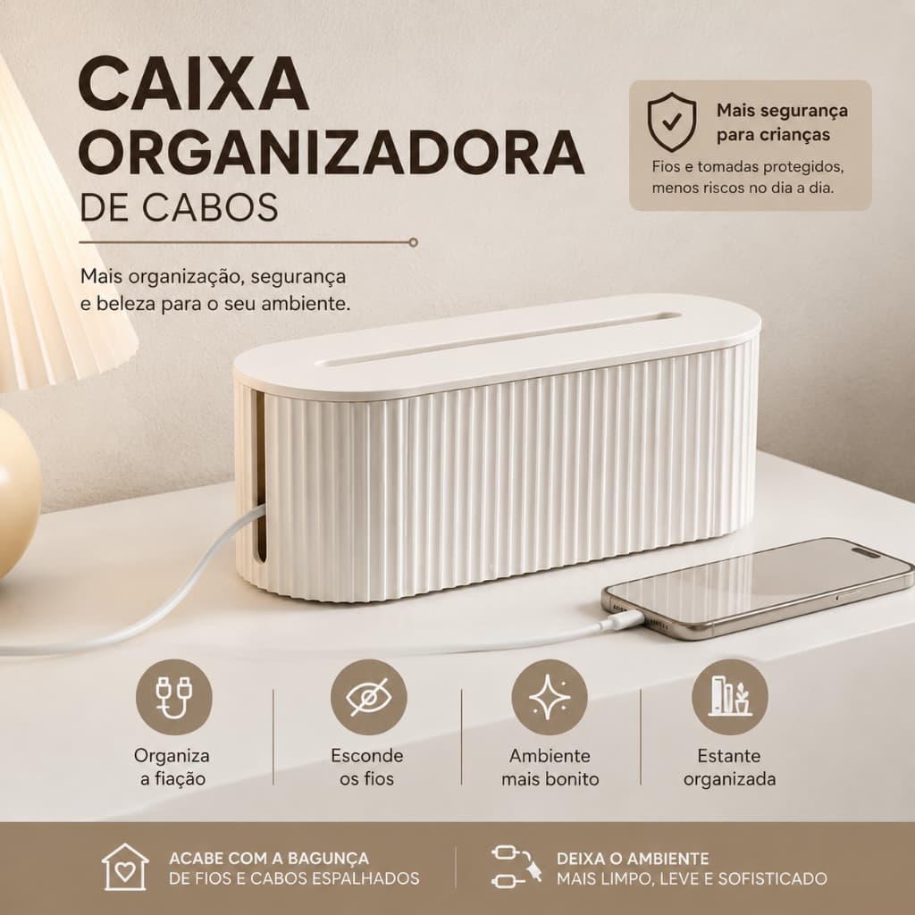 Caixa Organizador de Mesa Porta Cabos e Fios Armazenamento de Tomadas