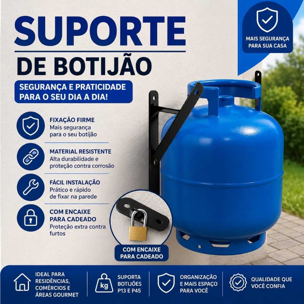 Suporte para Botijão de Gás e Trava Anti Roubo com Hastes parede Suspenso Reforçado