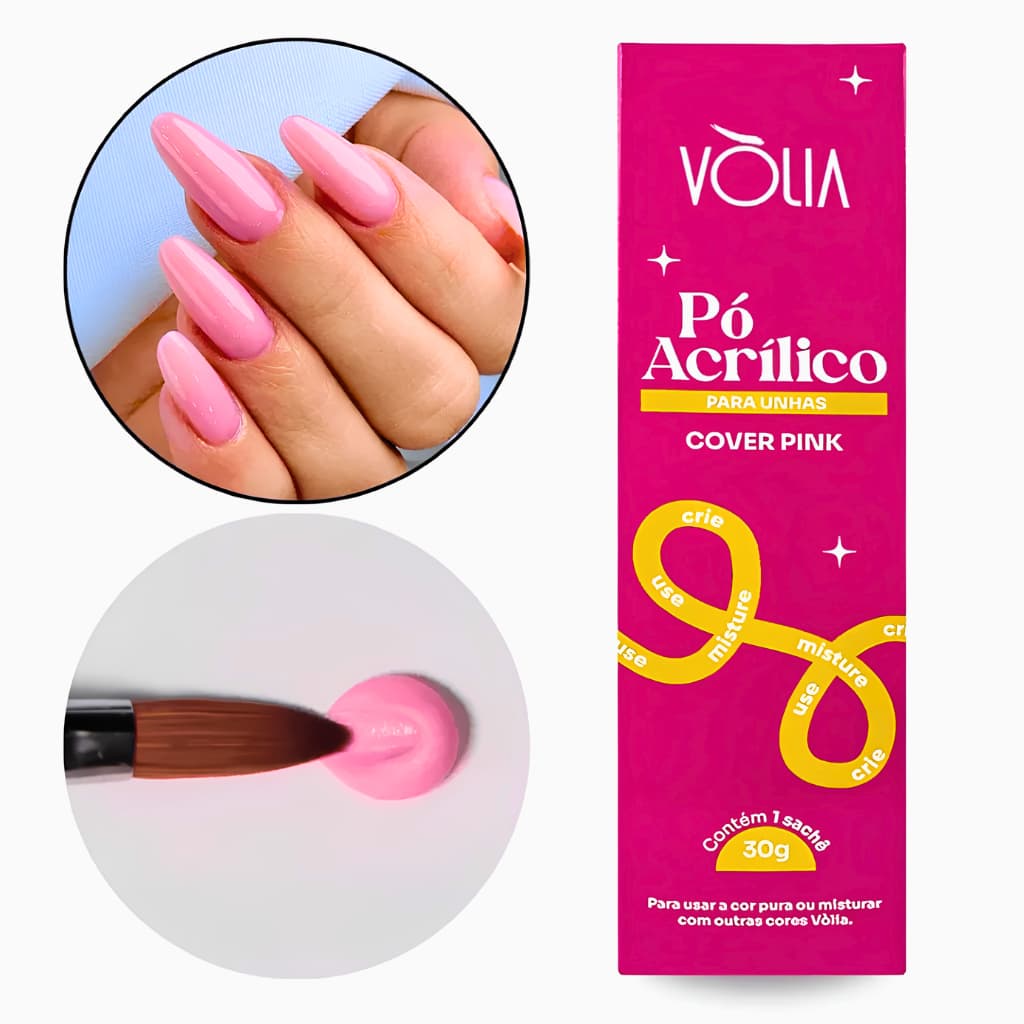 Pó Acrílico Cover Pink Vòlia 30g para Alongamento de Unhas Acrílicas Alta Cobertura Profissional