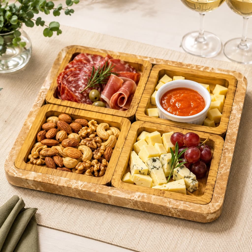 Conjunto 4 Petisqueiras Quadradas MDF com Base para Queijos Frios Aperitivos Churrasco Mesa Gourmet