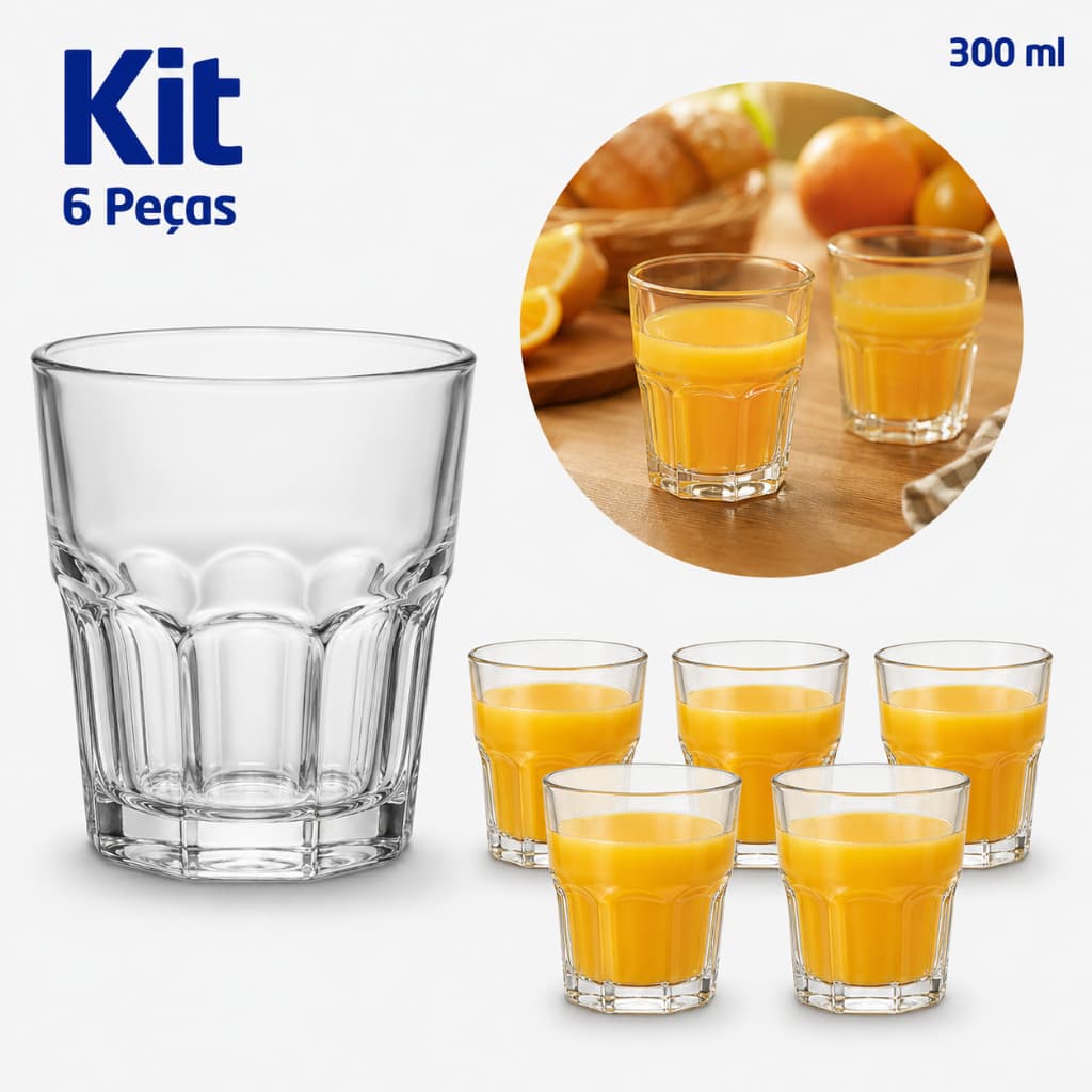 Jogo de Copos Água Suco 300ml Kit 6 Peças Água Suco Refrigerante Drink Mesa Posta Whiskey Envio Rapido