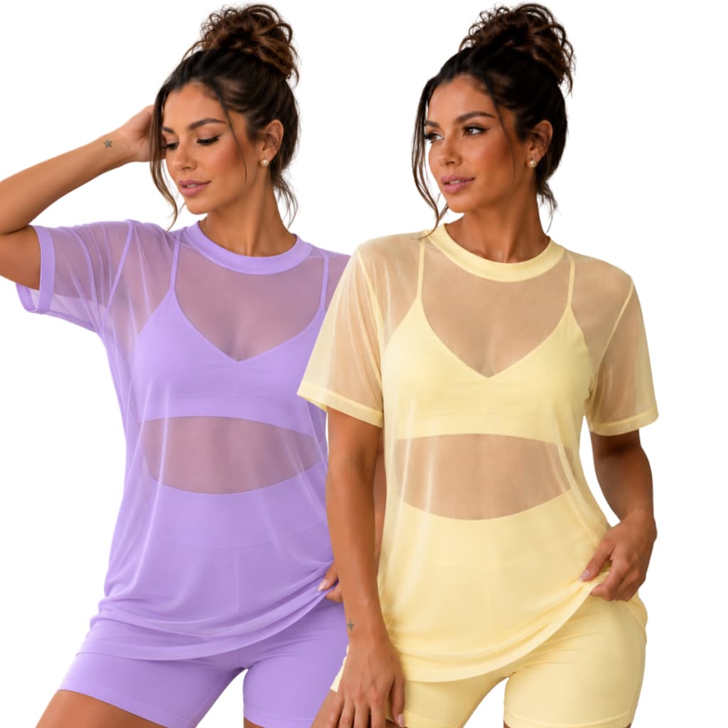 KIT 2 BLUSA DE TULE Feminina Moda Academia Transparente Fitness Tule Casual BLUSAO CROSSFIT CORRIDA