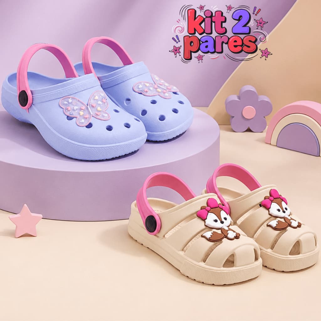 Kit 2 e 1 Par Sandália Babuche Infantil Menina Confortável