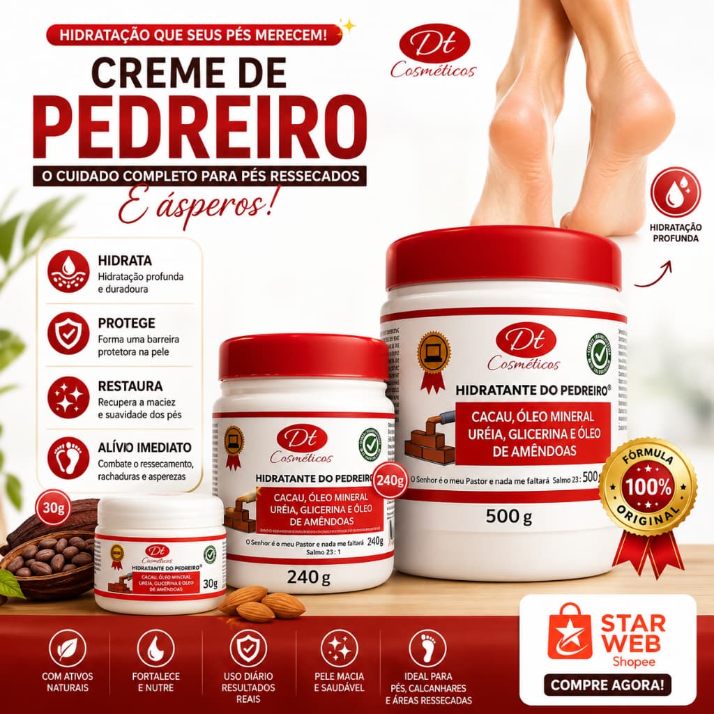 Creme Hidratante do Pedreiro com Ureia, Cacau e Amêndoas — Pés, Mãos e Cotovelos