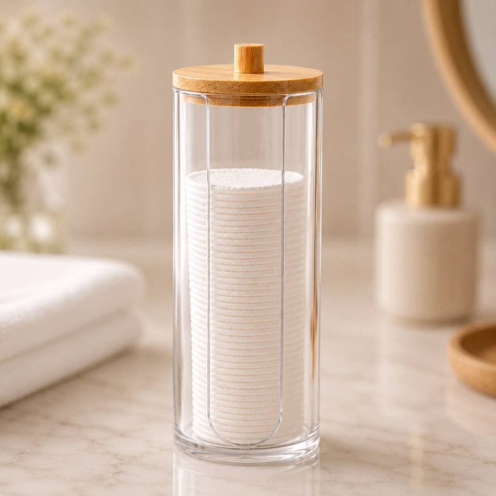 Porta Algodão com Tampa de Bambu Acrílico Transparente Organizador Banheiro