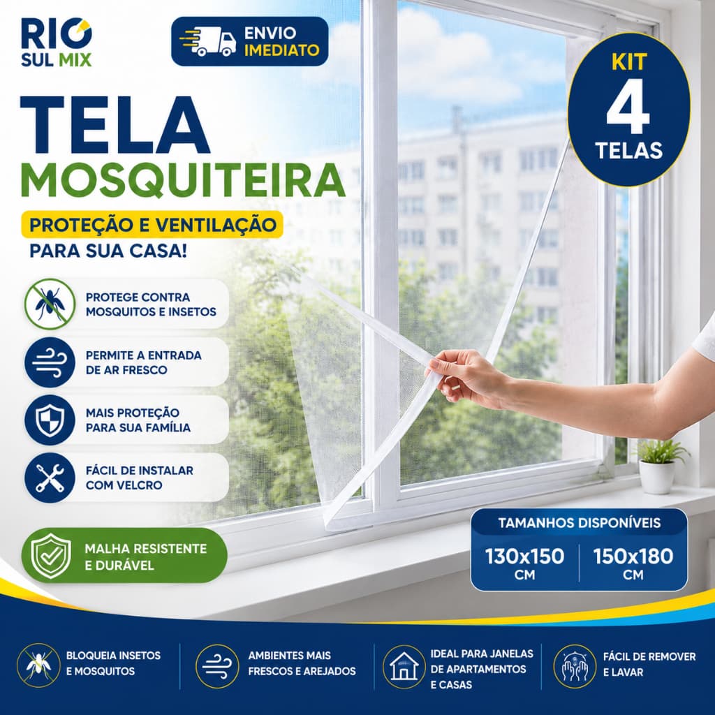 Kit 4 / 8Telas Mosquiteiro Com Velcro E Fita Proteção Contra Insetos Removível E Lavável