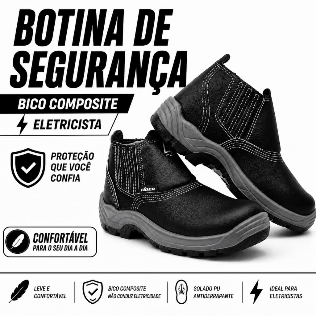 Bota Botina de Segurança Epi Biqueira em Composite Para Eletricista Couro CA