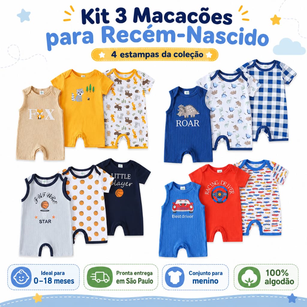 Kit 3 Macacões Recém-Nascido Payifang 100% Algodão 0-18 Meses Estampa Animais Esportes Carro Macacão Sem Manga Curto Par