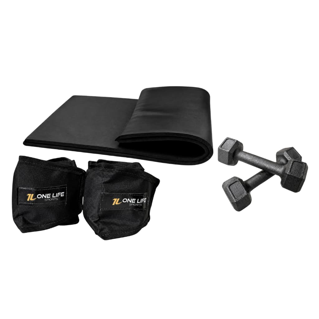Kit Treino em Casa Halter Sextavado 2kg Caneleira 2kg Colchonete Academia Cross Training Fitness