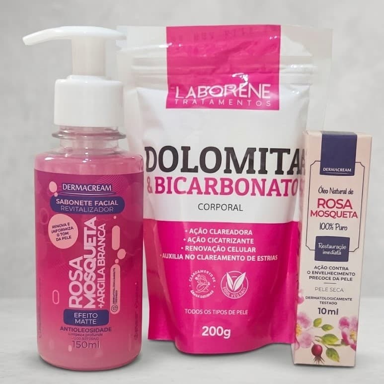 Dolomita com Bicarbonato e Óleo Rosa Mosqueta Natural | Combo Pele de Porcelana