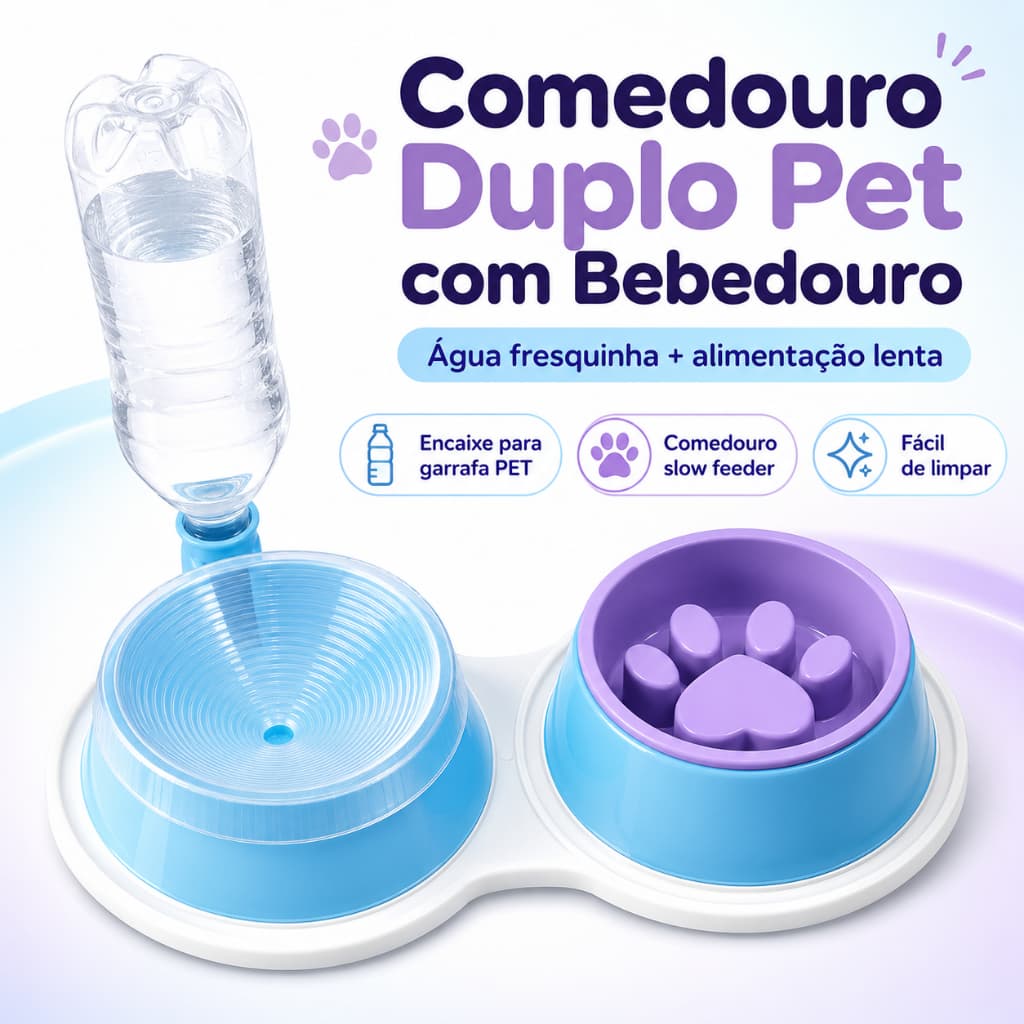 Comedouro Bebedouro Automático Pet Duplo Slow Feeder Para Cachorro Gato Com Garrafa PET