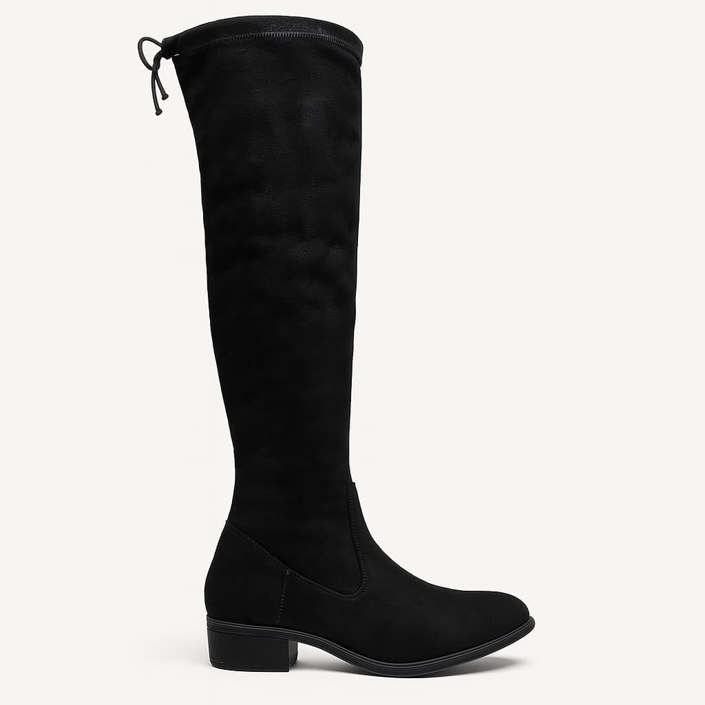 Bota Feminina Cano Longo Over The Knee Camurça Salto Baixo Amarração Ajustável Inverno